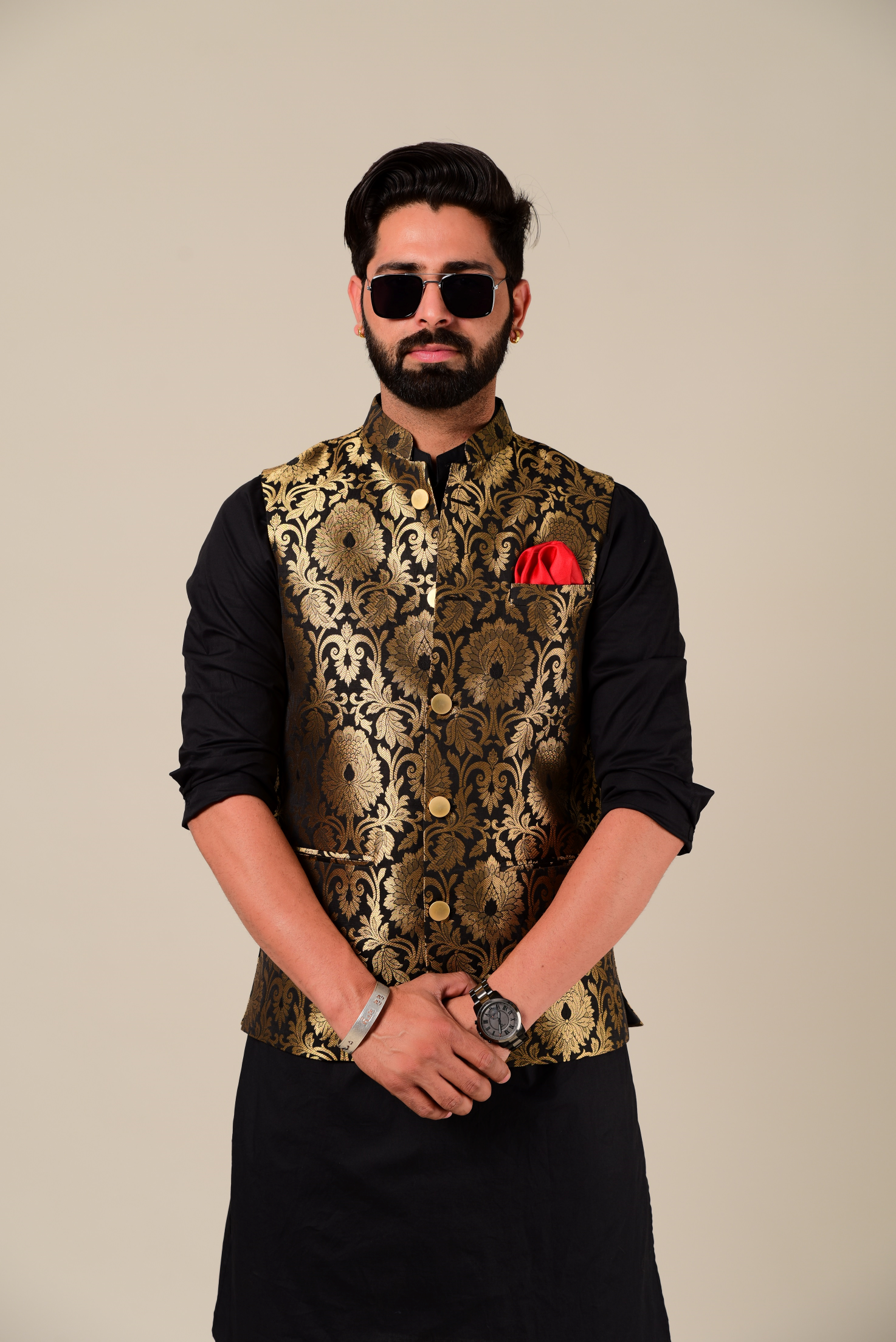 Hand-c Elegant Punjabi Style Black Nehru Jacket with Kurta Pajama Set | Traditional Functions Weddings Diwali Eid Rakshabandhan |