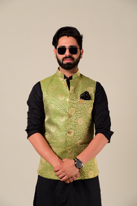 Royal Rajputana Style Black Kurta Pajama Set with Green Banarasi Brocade Nehru Jacket | Open Day Functions Wedding Ceremonies Festivals Indian Dinner