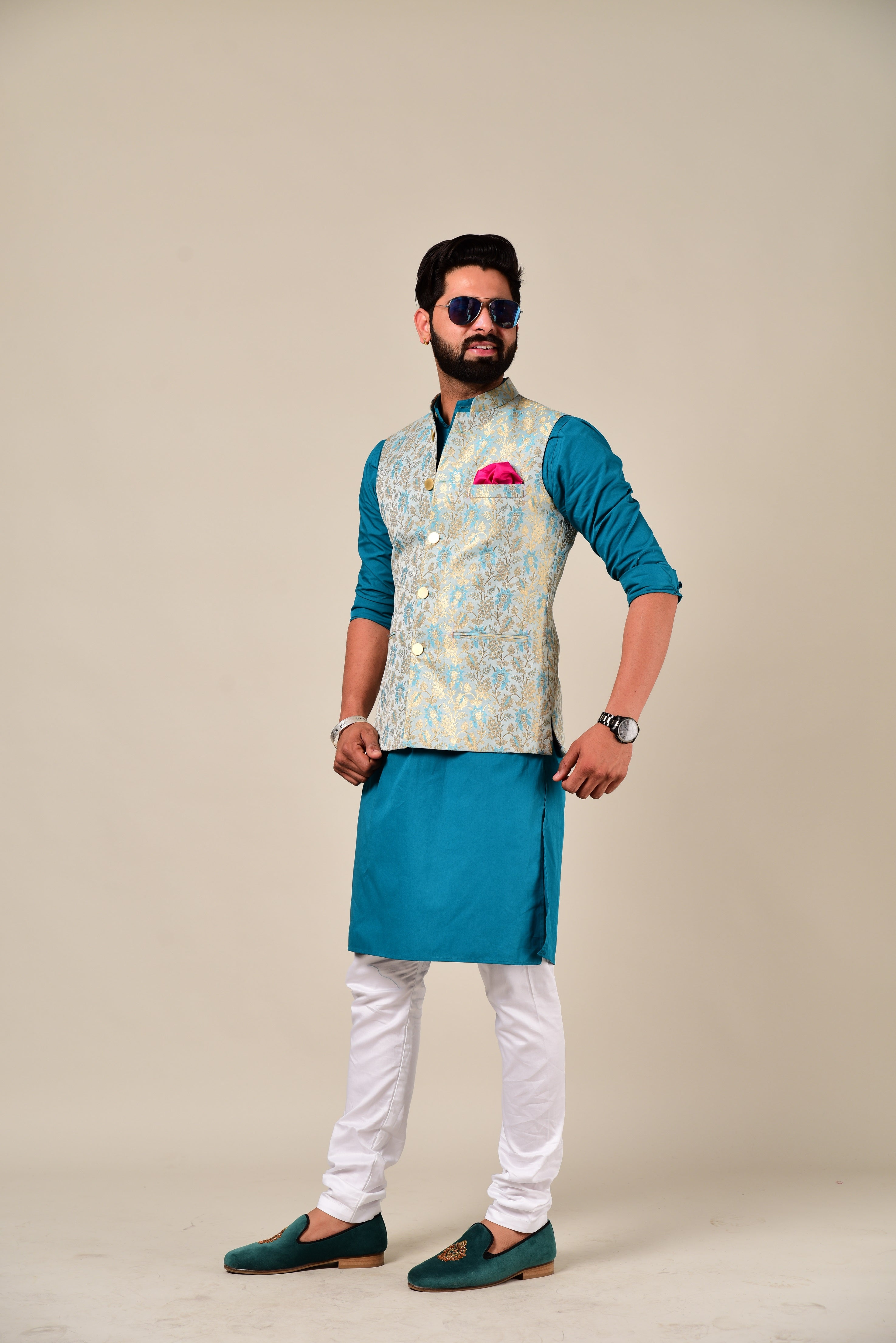 Handmade Elegant Jodhpuri Blue Kurta Pajama Nehru Modi Jacket Set | Free Personalisation | For Marriage Functions Festivals Diwali Eid Rakhi
