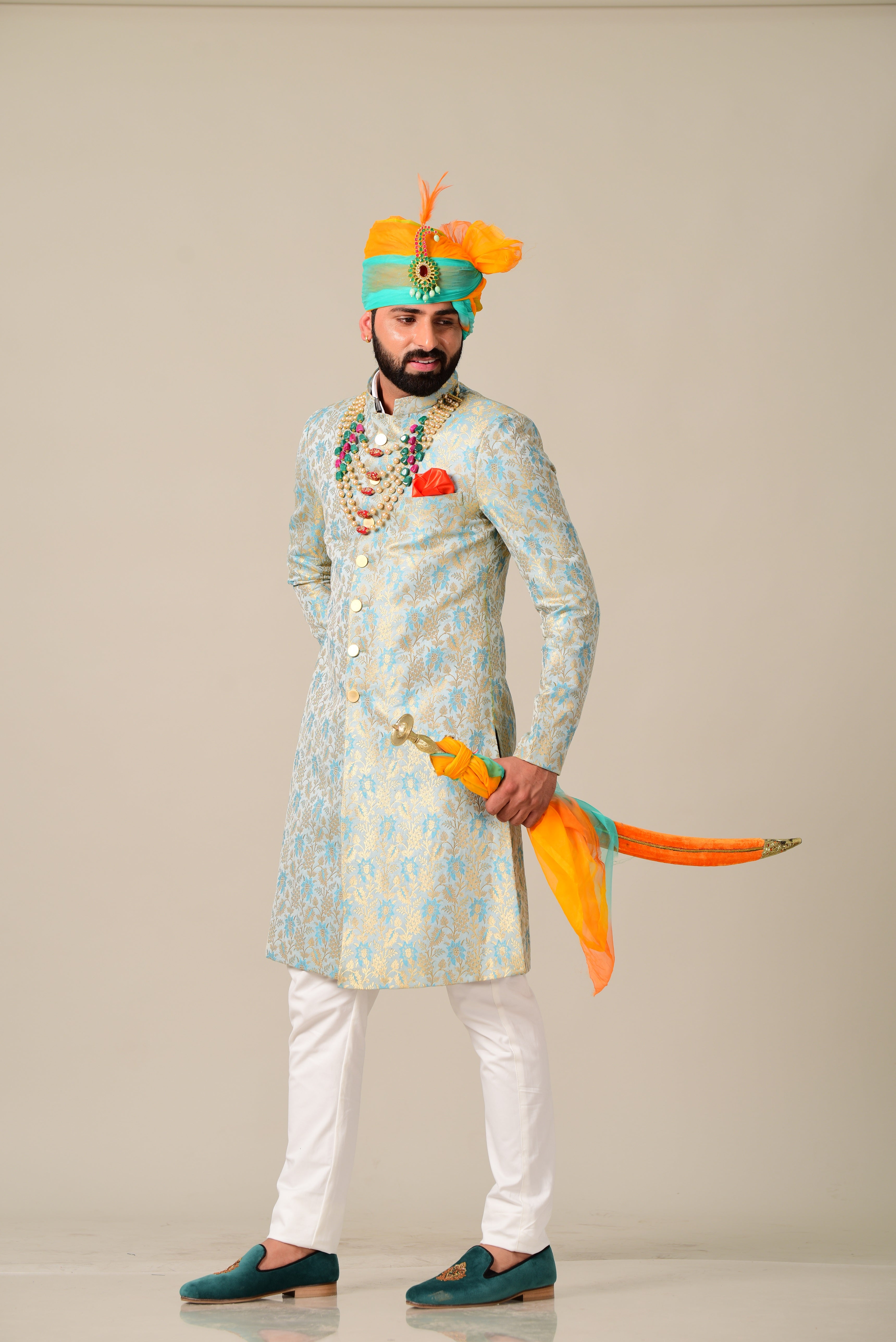 Dazzling Sky-Blue Hand-crafted Banarasi Brocade Sherwani /Achkan for Men | Traditional Wedding Style wear | Perfect for Family Weddings & Grooms