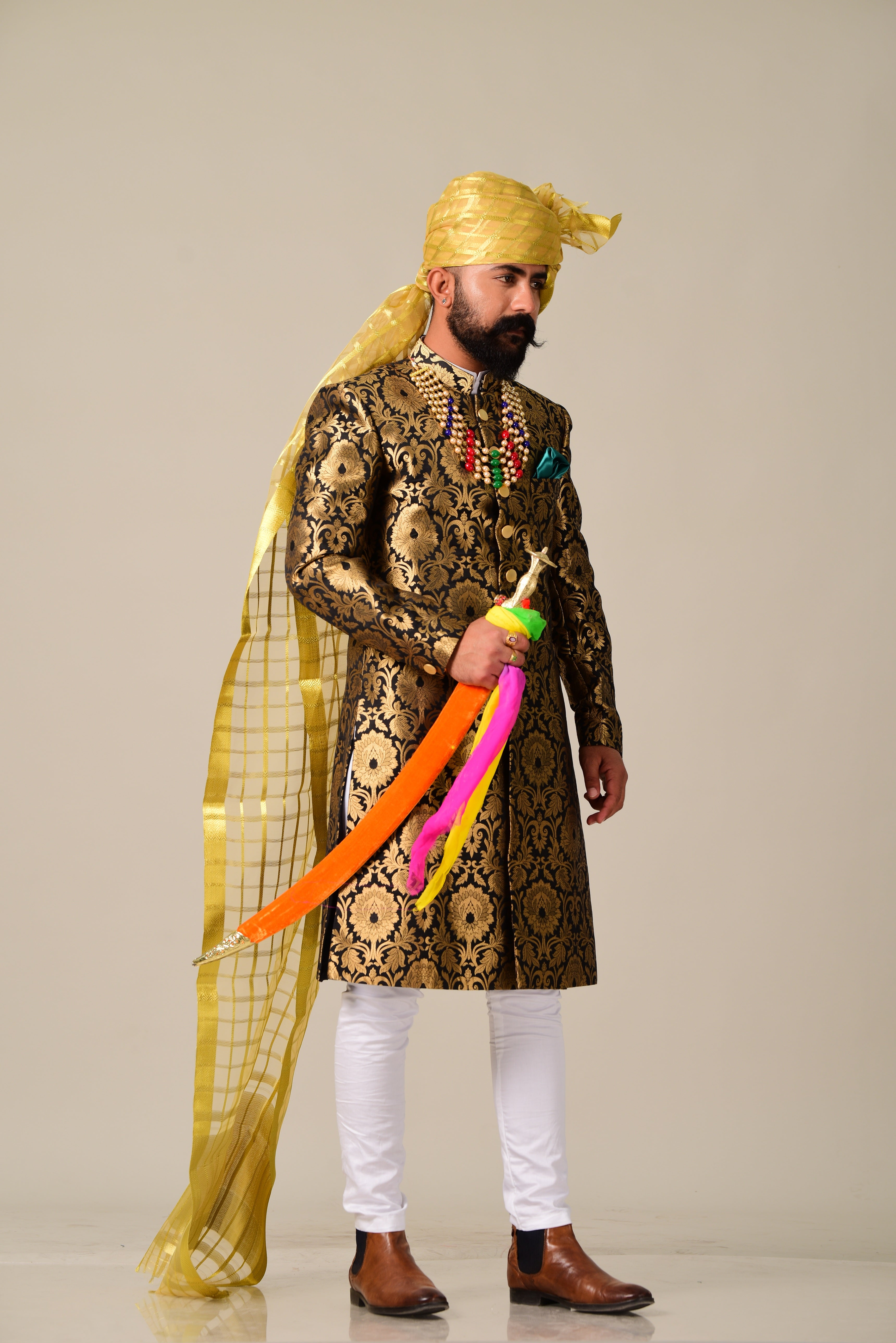 Elegant Hand-crafted Rajputana Styled Golden-Black Brocade Sherwani  for Men | Indian Formal Kurta Style wear Perfect for Family Weddings & Grooms | Gold Black