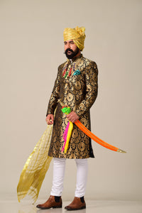 Elegant Hand-crafted Rajputana Styled Golden-Black Brocade Sherwani  for Men | Indian Formal Kurta Style wear Perfect for Family Weddings & Grooms | Gold Black