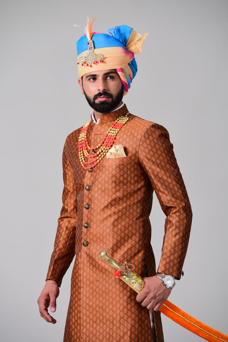 Traditional Rust Orange Banarasi Silk Sherwani Achkan for Men Forma Desioz