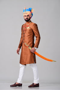 Traditional Rust Orange Banarasi Silk  Sherwani /Achkan for Men | Formal Kurta Style | Perfect for Family Weddings & Grooms | Bespoke Wedding Wear