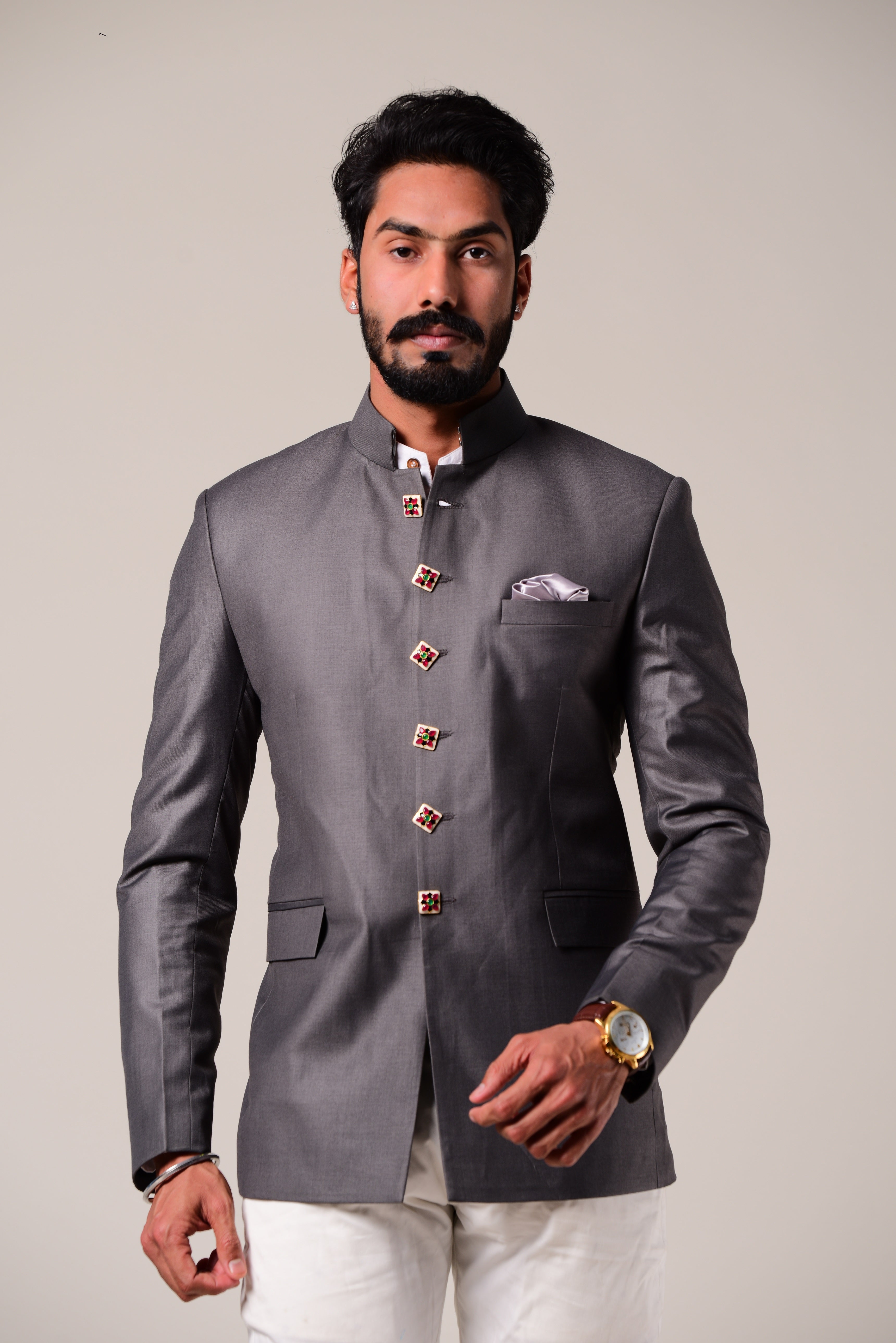 Exclusive Iron Grey Jodhpuri Bandhgala with White Trouser | Perfect for Wedding wear, Festive wear, Functional wear|