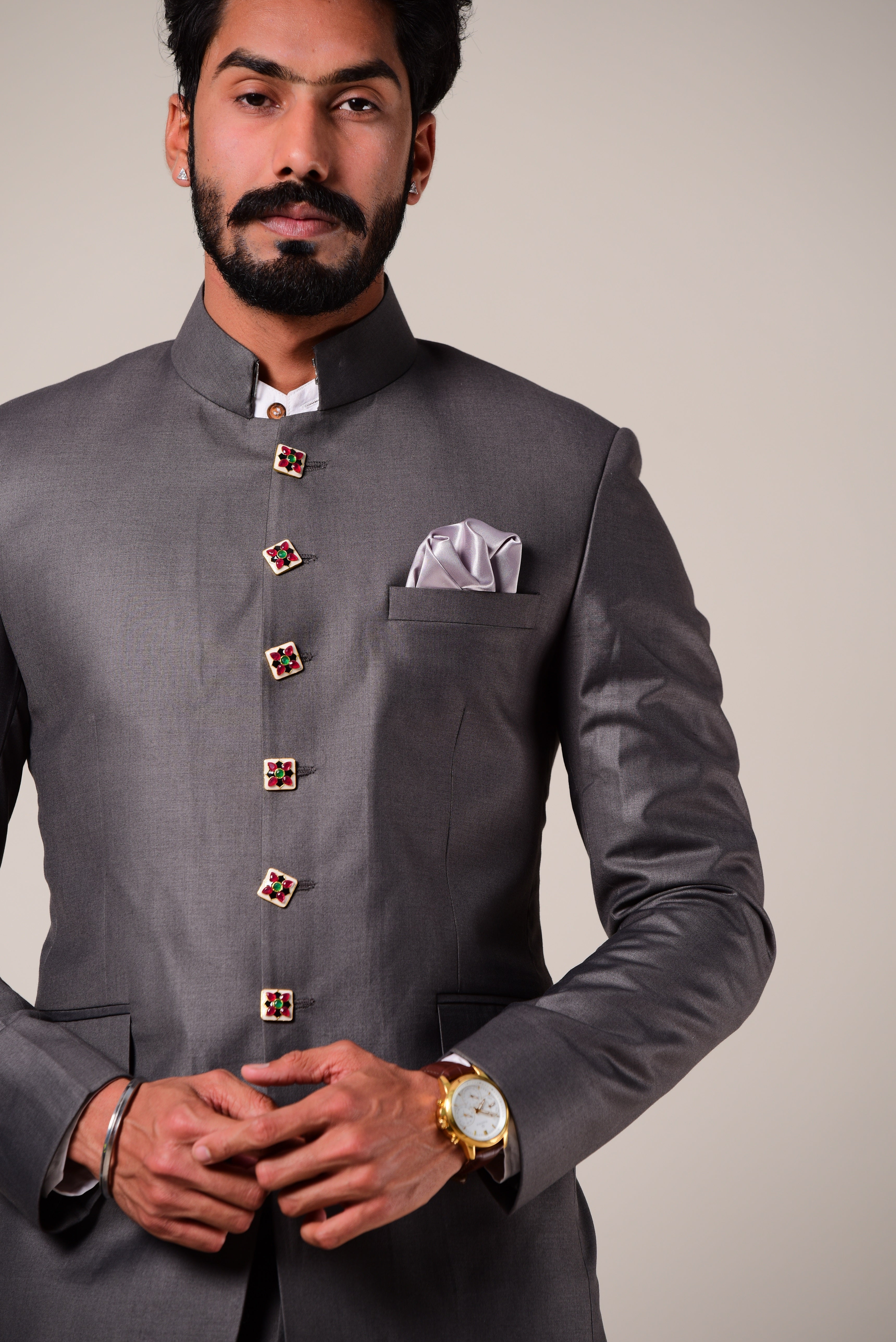 Iron Grey Bandhgala Suit With Hand-painted Stone Buttons | Perfect for Wedding wear, Functional wear|