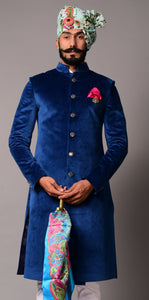 Aesthetic Royal Blue Silky Smooth Velvet Sherwani/Achkan for Men | Perfect For Wedding , Reception , Sangeet , Engagement