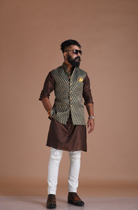 Traditional Dark Green Booti Pattern Banarasi Brocade Nehru Jacket with Silk Kurta Pajama Set | Free Personalisation Handmade | Wedding Functions