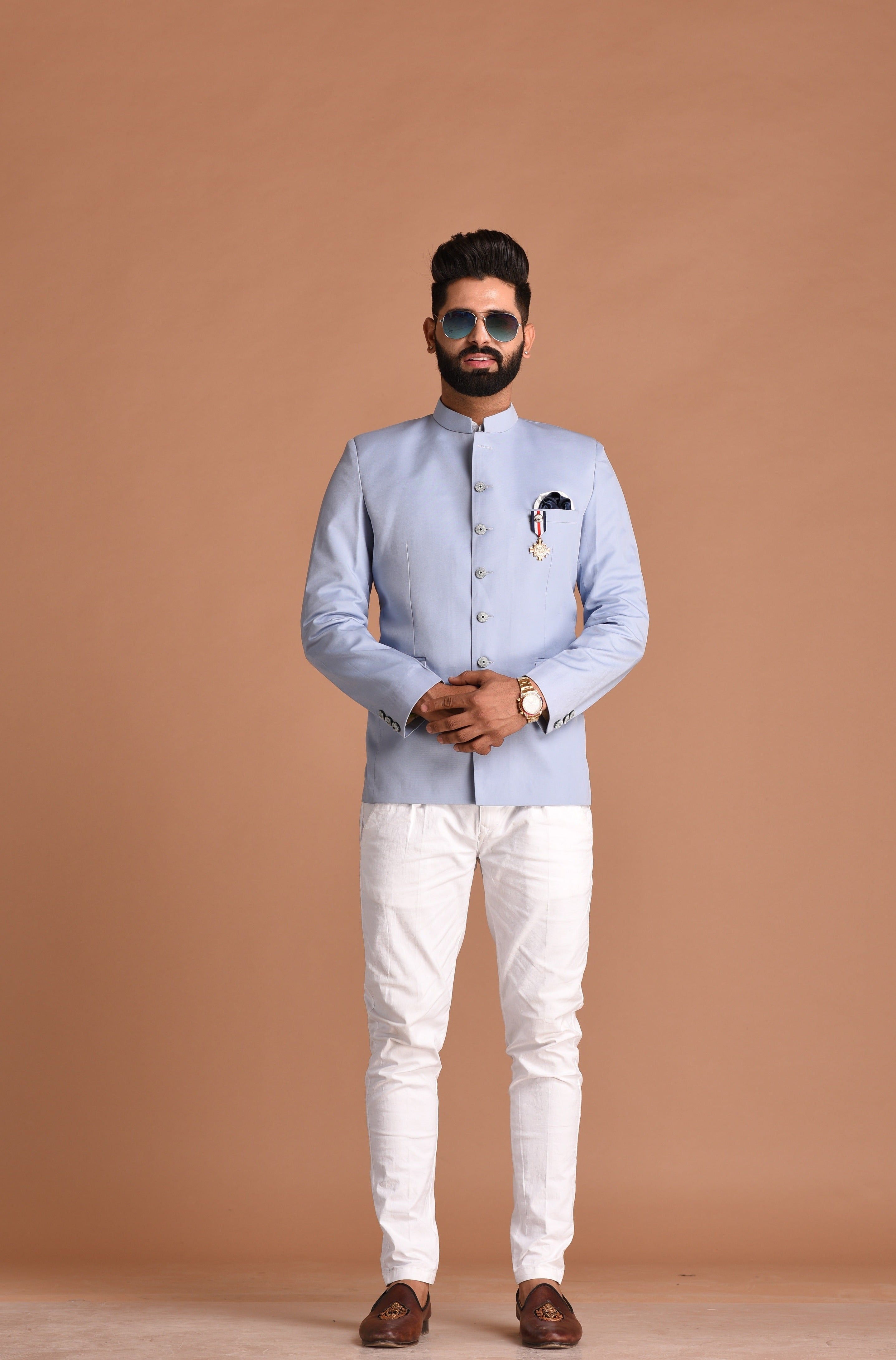 Alluring Cloud Blue Jodhpuri Bandhgala with White Trouser| Terry Rayon| Perfect for Formal Party Wear for Open and Daylight Functions | Youth Inspired