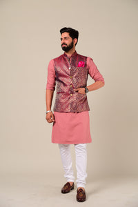Traditional Rosewood Banarasi Brocade Half Jodhpuri Jacket with Kurta Pajama Set| Perfect for Festive wear, Functional wear| Diwali, Raksha Bandhan, Navratri|