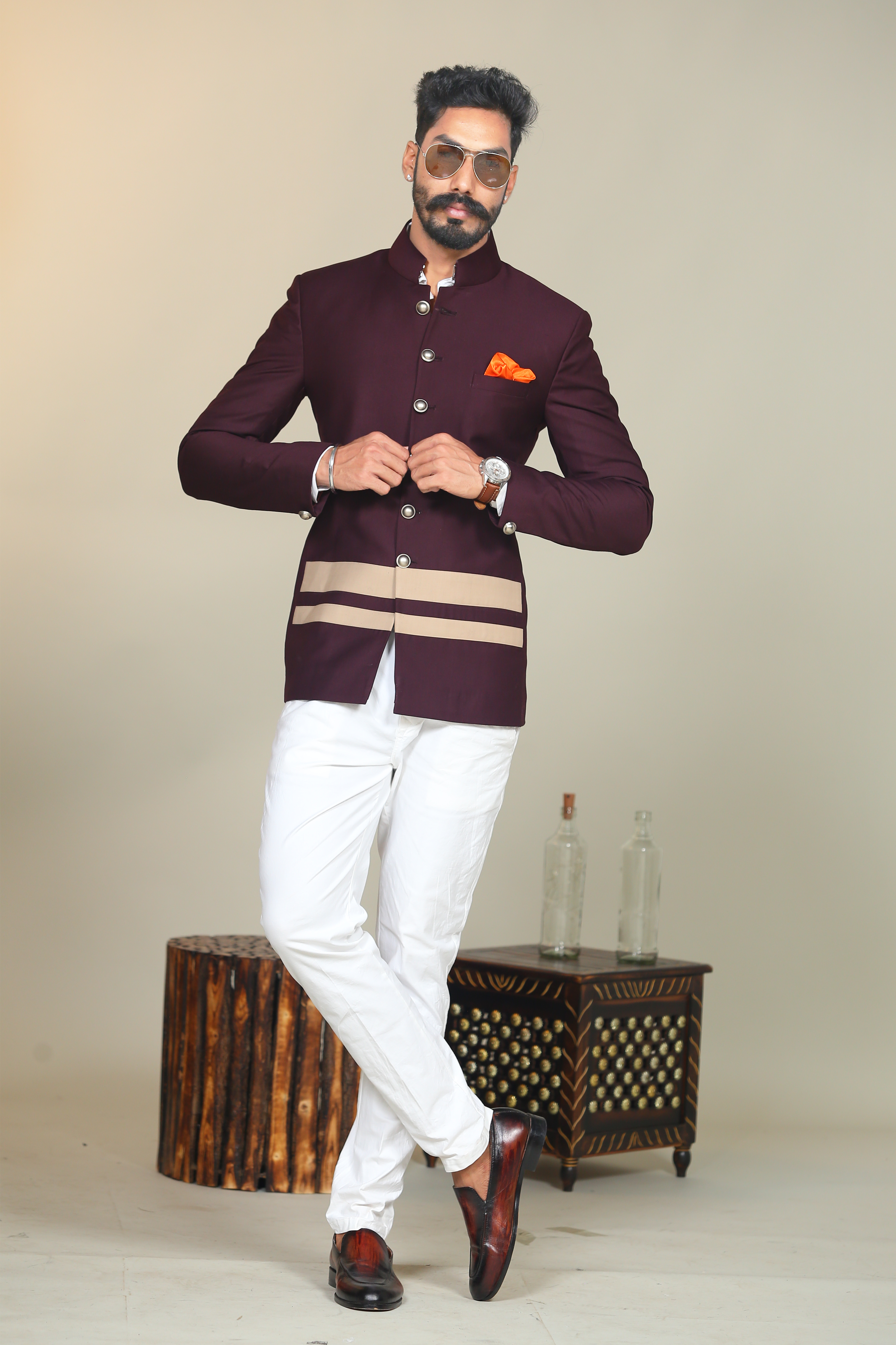 Elegant Wine Double Jodhpuri Bandhgala with Bottom Stripes Details | White Trouser | Perfect for Wedding wear, Functional wear|