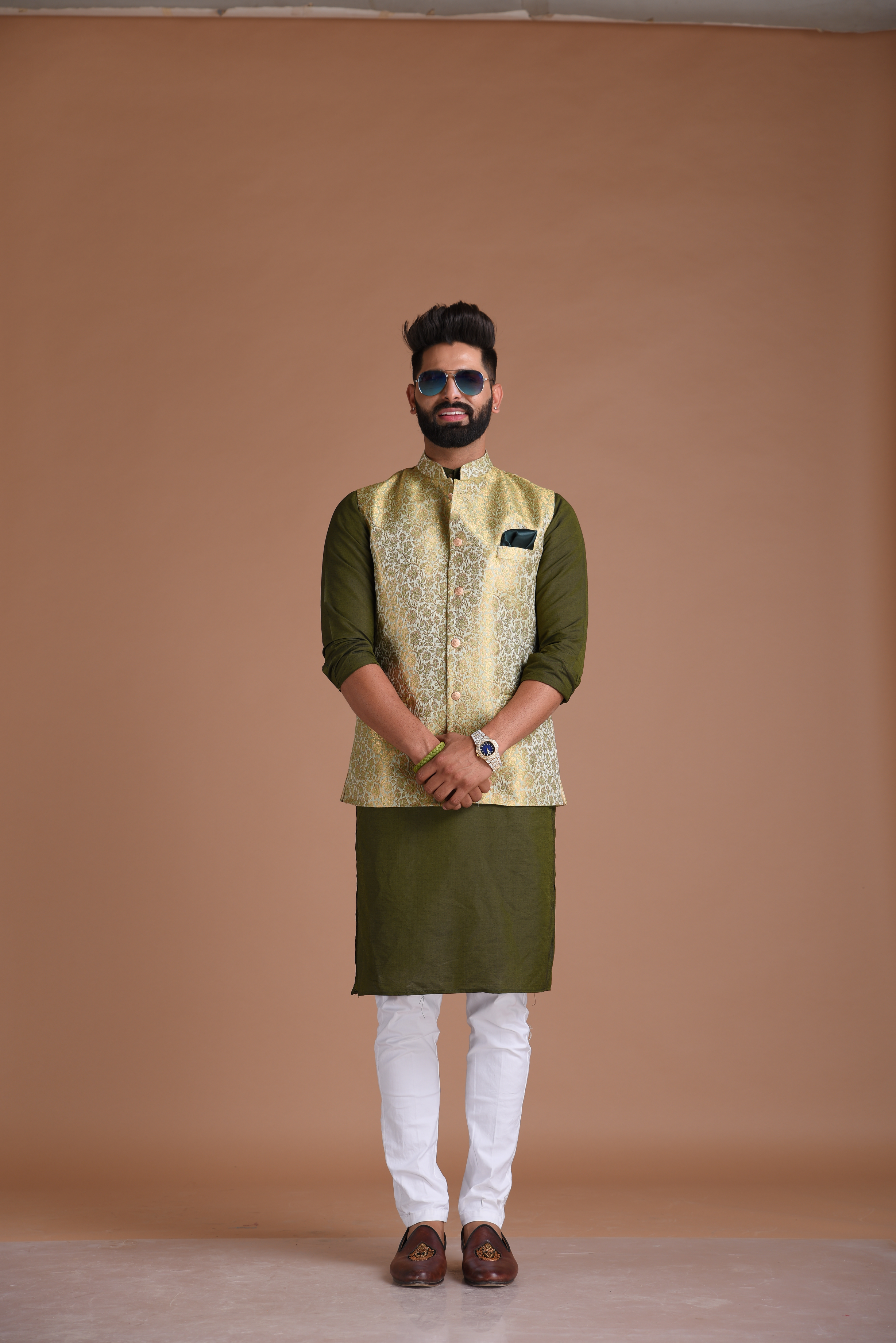 Stunning Golden-Green Banarasi Brocade Half Jodhpuri Jacket with silk pajama set| Best For Mehndi / Haldi Function | Free Personalisationta pajama set Best For Mehndi / Haldi Function | Free Personalisation