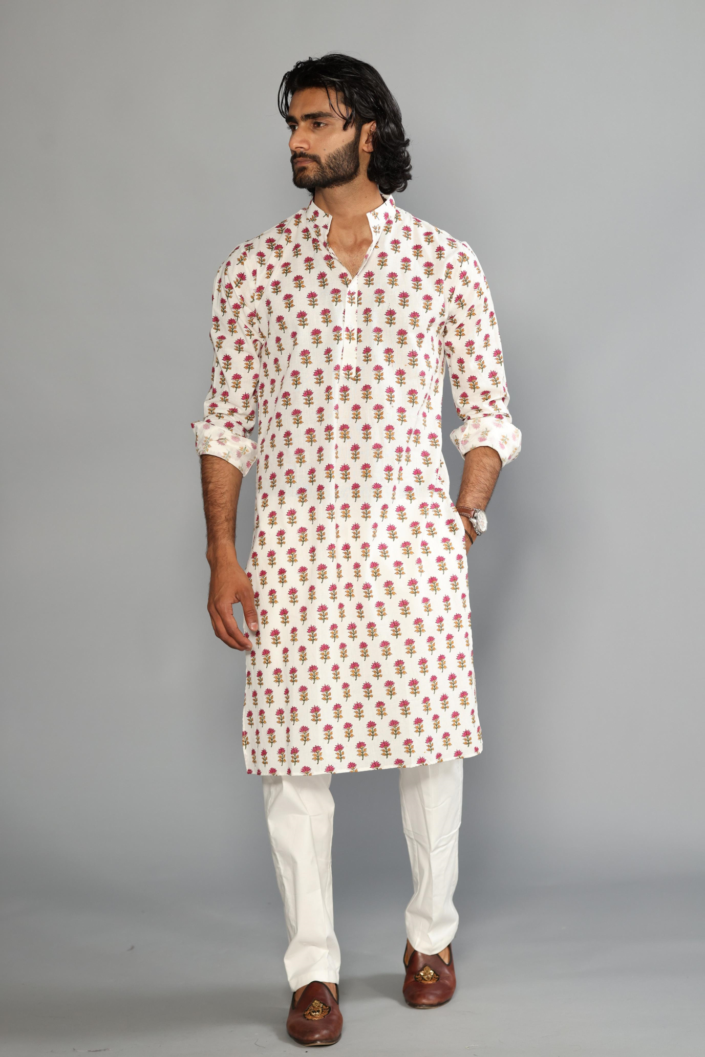 Elegant Off White Pink Booti Print Sanganeri White Kurta with White Pajama | Diwali, Eid , Pooja | Traditional , Functional , Wedding , Indian Party Wear