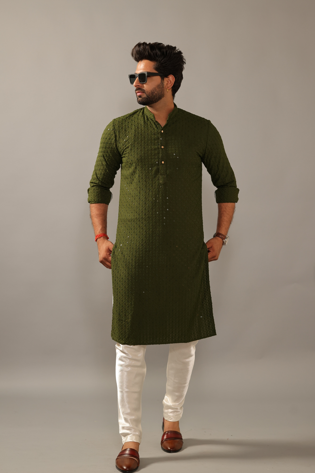Hand-crafted Battle Green Lucknowi Chikankari Embroidered Kurta-Pajama Set| Best for Wedding wear, Festive wear| Navratri, Diwali, Raksha Bandhan|