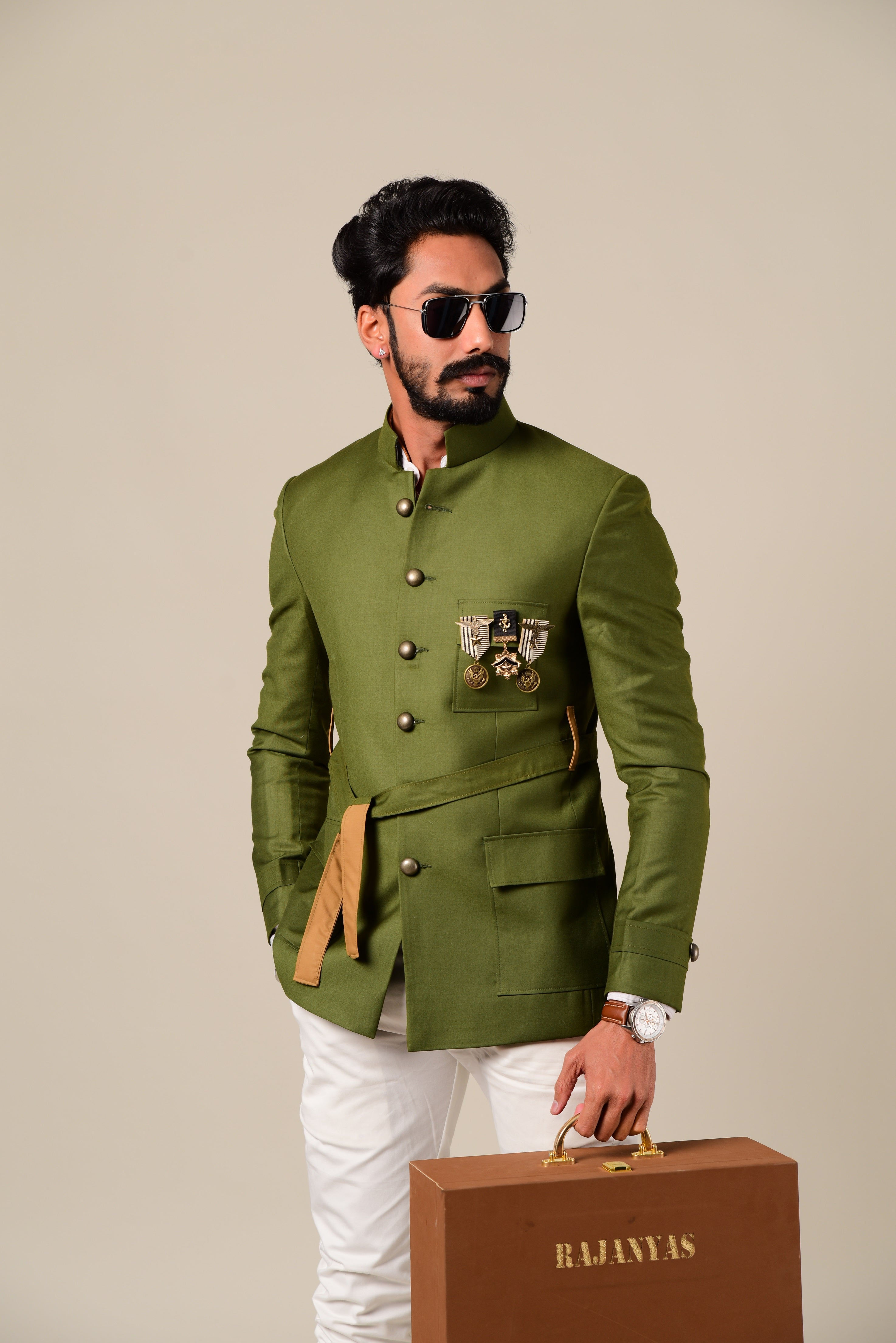 Aesthetic Contemporarily Styled Indian Waist Belted Royal  Pear Green Jodhpuri Bandhgala | White Trouser | Perfect Wedding and Party Wear | Free Personalisation