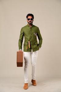 Aesthetic Contemporarily Styled Indian Waist Belted Royal  Pear Green Jodhpuri Bandhgala | White Trouser | Perfect Wedding and Party Wear | Free Personalisation