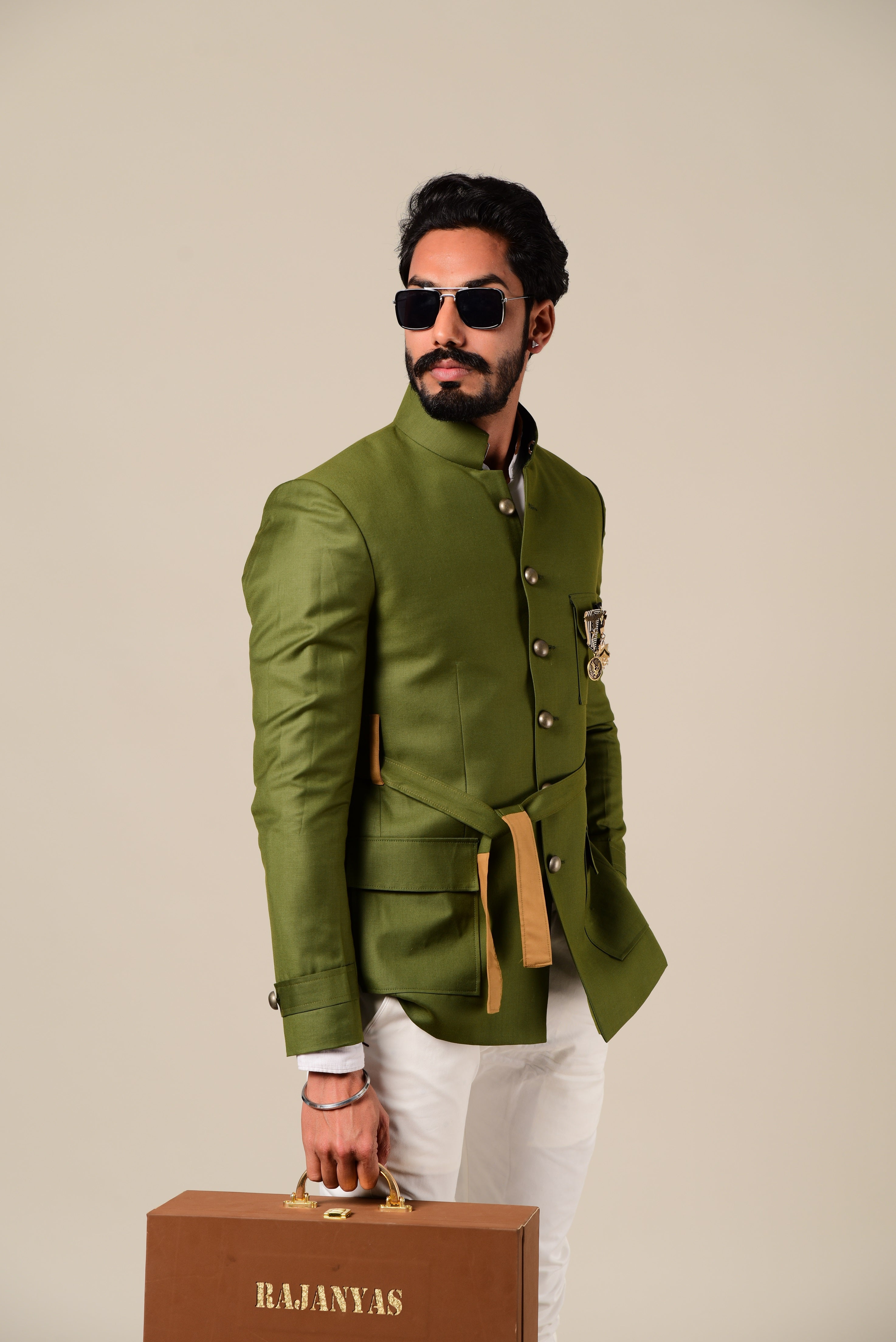 Aesthetic Contemporarily Styled Indian Waist Belted Royal  Pear Green Jodhpuri Bandhgala | White Trouser | Perfect Wedding and Party Wear | Free Personalisation