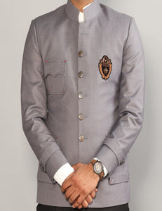 Traditional Regal Grey Bandhgala With Handmade Embroidery Signature Logo on Chest |Black Trouser| Traditional n Trendy, Designer Bandgala, Elite Gentlemen Look|