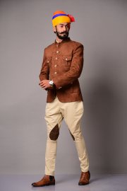 Exclusive Camel Brown Faux Suede Leather Hunting Style Bandhgala with Black Trouser| Youth Function Wear | Contemporary Vintage Style