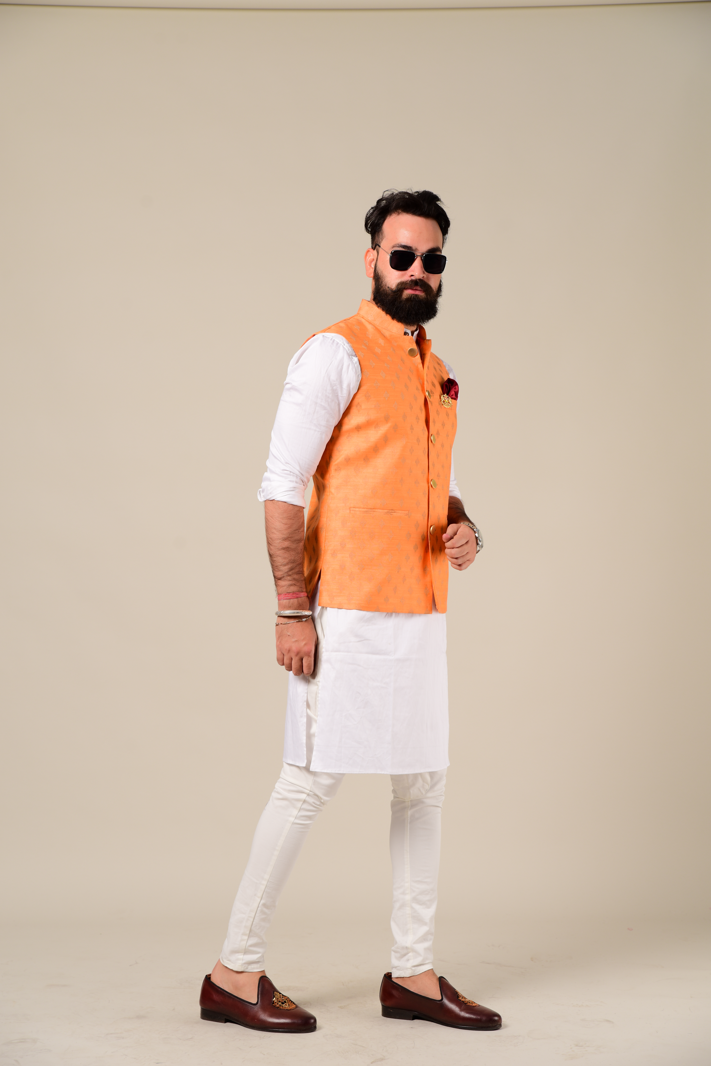 Elegant Orange Brocade Silk  Nehru Jacket with White Kurta Pajama | Wedding Functions Rakshabandhan Diwali Eid Open Lawn Party