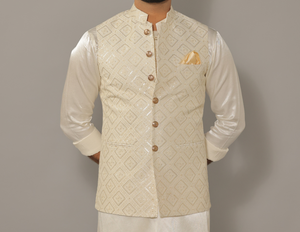 Dazzling Off-White Luckhnawi Sequin Embroidered Nehru Jacket with White Kurta Pajama Set  - Handcrafted | Free Personalization | Diwali, Sangeet Party