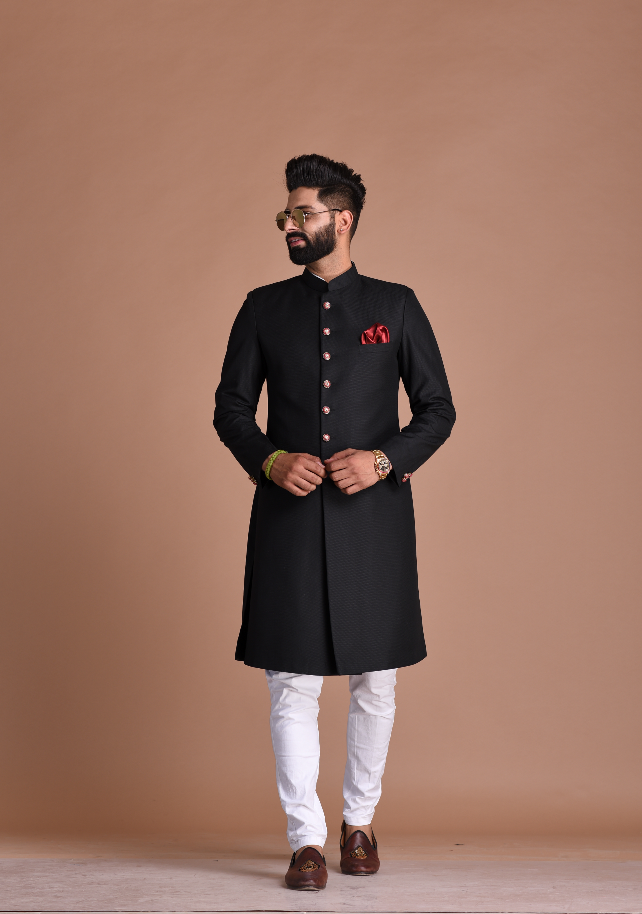 Stunning Black Hand-crafted Sherwani /Achkan for Men |Terry Rayon |Perfect For Wedding , Reception , Sangeet , Engagement
