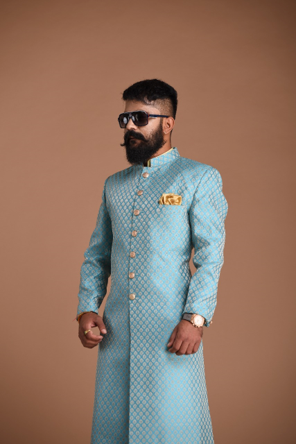 Stunning Cyan Blue Rajputana Styled Banarasi Silk Achkans /Sherwani for Men | Perfect Groom and Family Wedding Wear