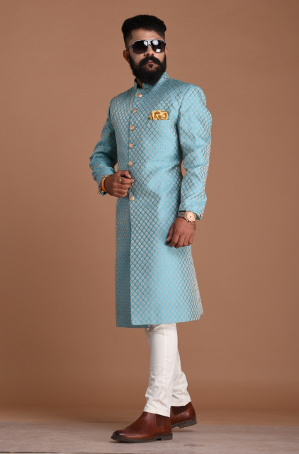 Stunning Cyan Blue Rajputana Styled Banarasi Silk Achkans /Sherwani for Men | Perfect Groom and Family Wedding Wear