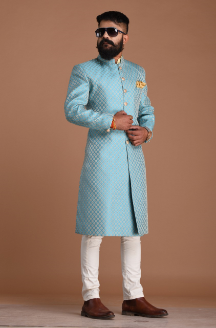 Stunning Cyan Blue Rajputana Styled Banarasi Silk Achkans /Sherwani for Men | Perfect Groom and Family Wedding Wear