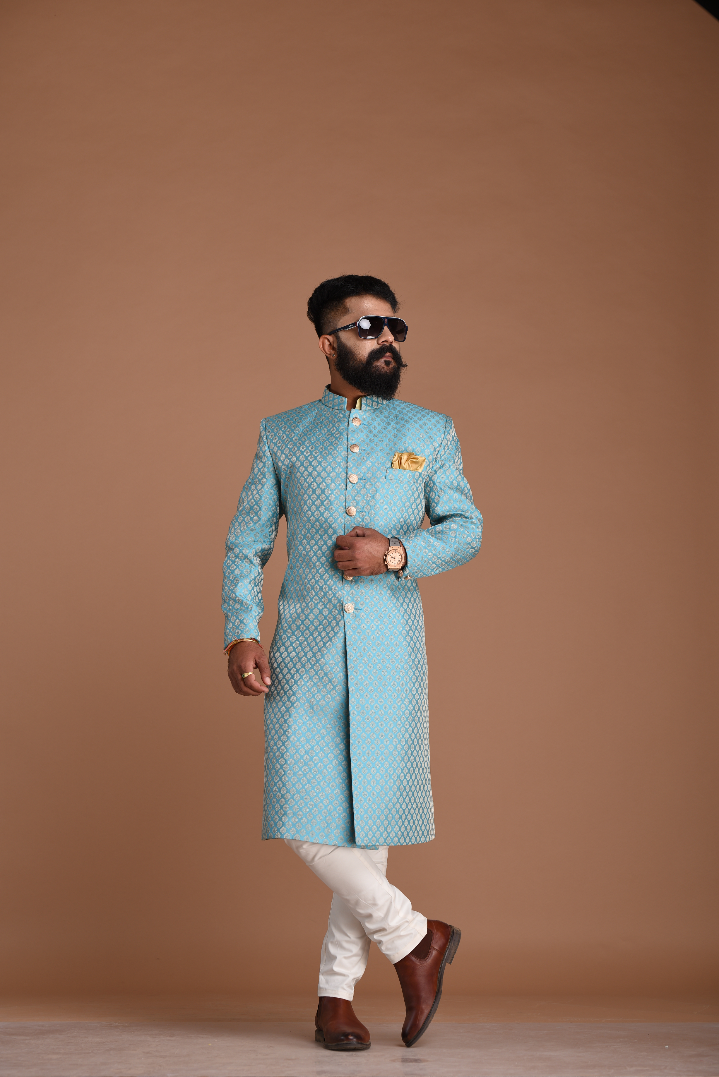 Stunning Cyan Blue Rajputana Styled Banarasi Silk Achkans /Sherwani for Men | Perfect Groom and Family Wedding Wear