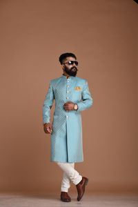 Stunning Cyan Blue Rajputana Styled Banarasi Silk Achkans /Sherwani for Men | Perfect Groom and Family Wedding Wear