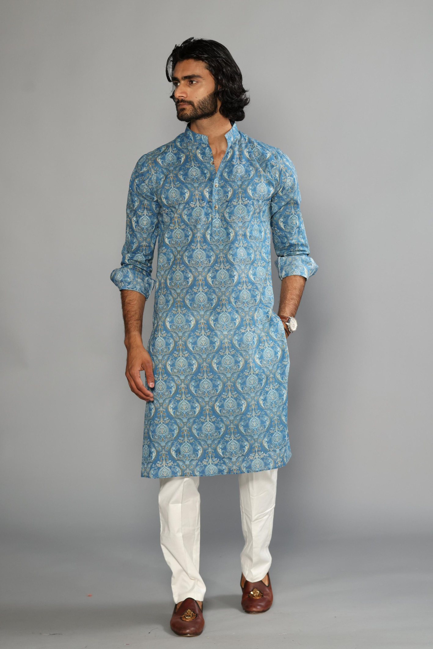 Jaipuri Damask Printed Sanganeri Steel Blue Kurta with White Pajama | Diwali Eid, Pooja | Traditional, Wedding, Indian Party Wear