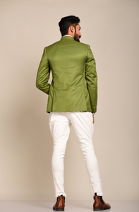 Aesthetic Pear Green Double Breasted Jodhpuri Bandhgala with White Trouser | Perfect for Cocktail Party , Wedding wear , Functional wear|