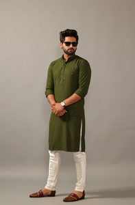 Hand-crafted Battle Green Lucknowi Chikankari Embroidered Kurta-Pajama Set| Best for Wedding wear, Festive wear| Navratri, Diwali, Raksha Bandhan|