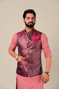 Traditional Rosewood Banarasi Brocade Half Jodhpuri Jacket with Kurta Pajama Set| Perfect for Festive wear, Functional wear| Diwali, Raksha Bandhan, Navratri|