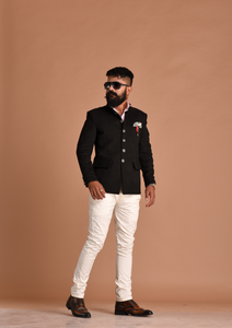 Aesthetic Black Suede Leather Jodhpuri Bandhgala with White Trouser | Party Wear for Open and Daylight Functions