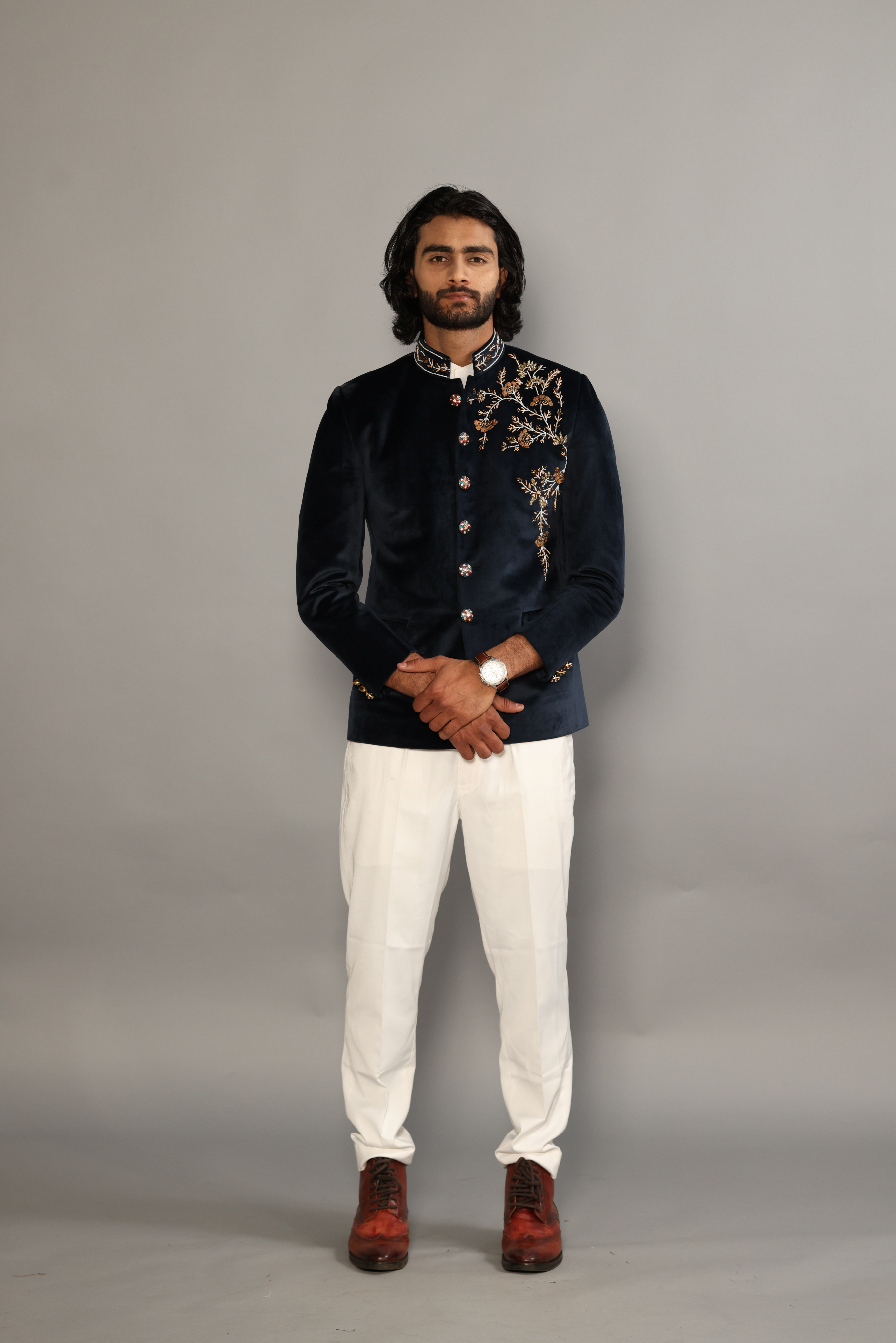 Alluring Navy Hand Embroidered Floral Motif Jodhpuri Bandhgala with White Trouser |Hand-Enameled Buttons | Indo Western Antique Classic Work|