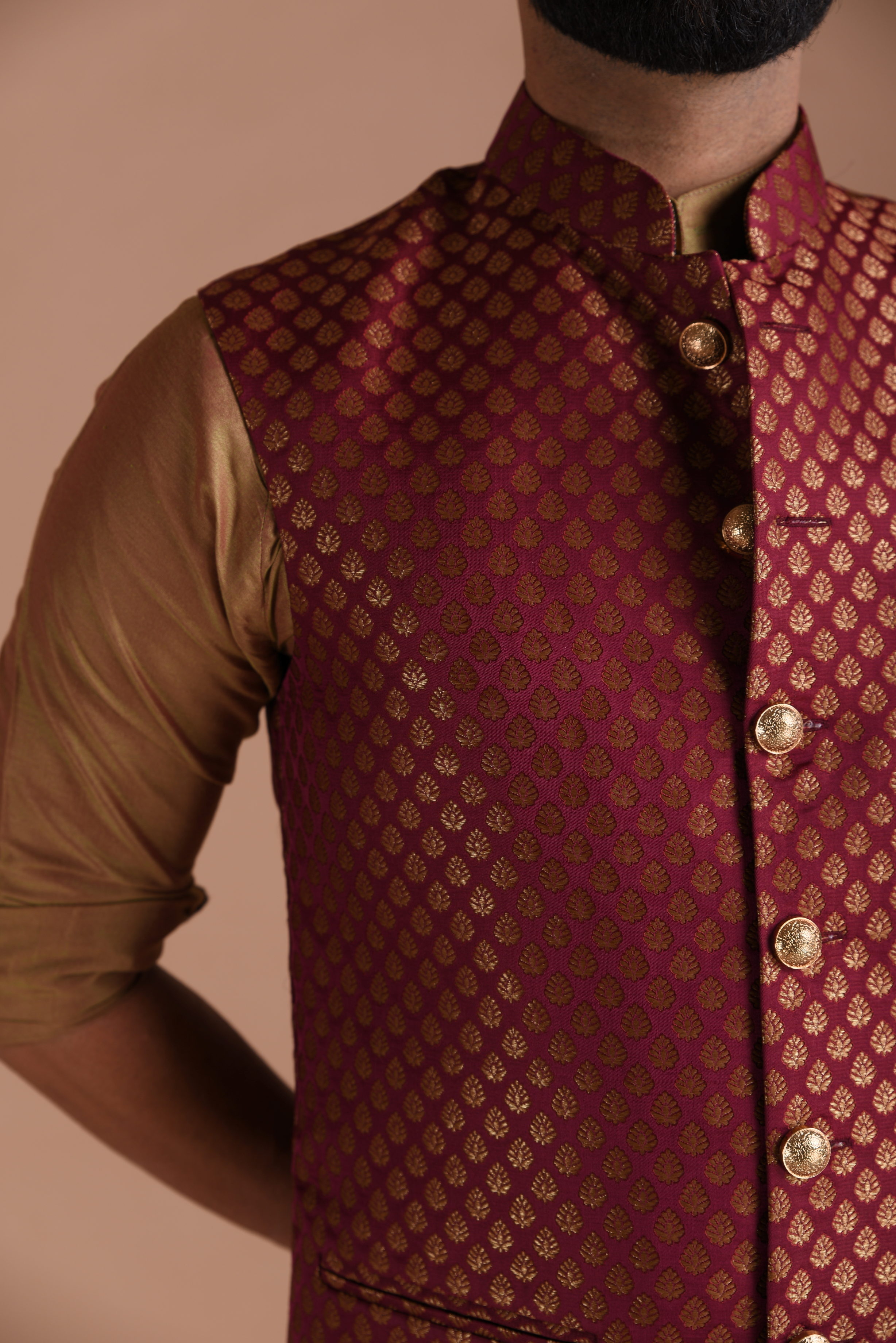 Traditional Wine Booty Pattern Banarasi Silk Nehru Half Jacket with Kurta Pajama Set | Wedding Functions Raksha Bandhan Diwali Eid Open Lawn Party