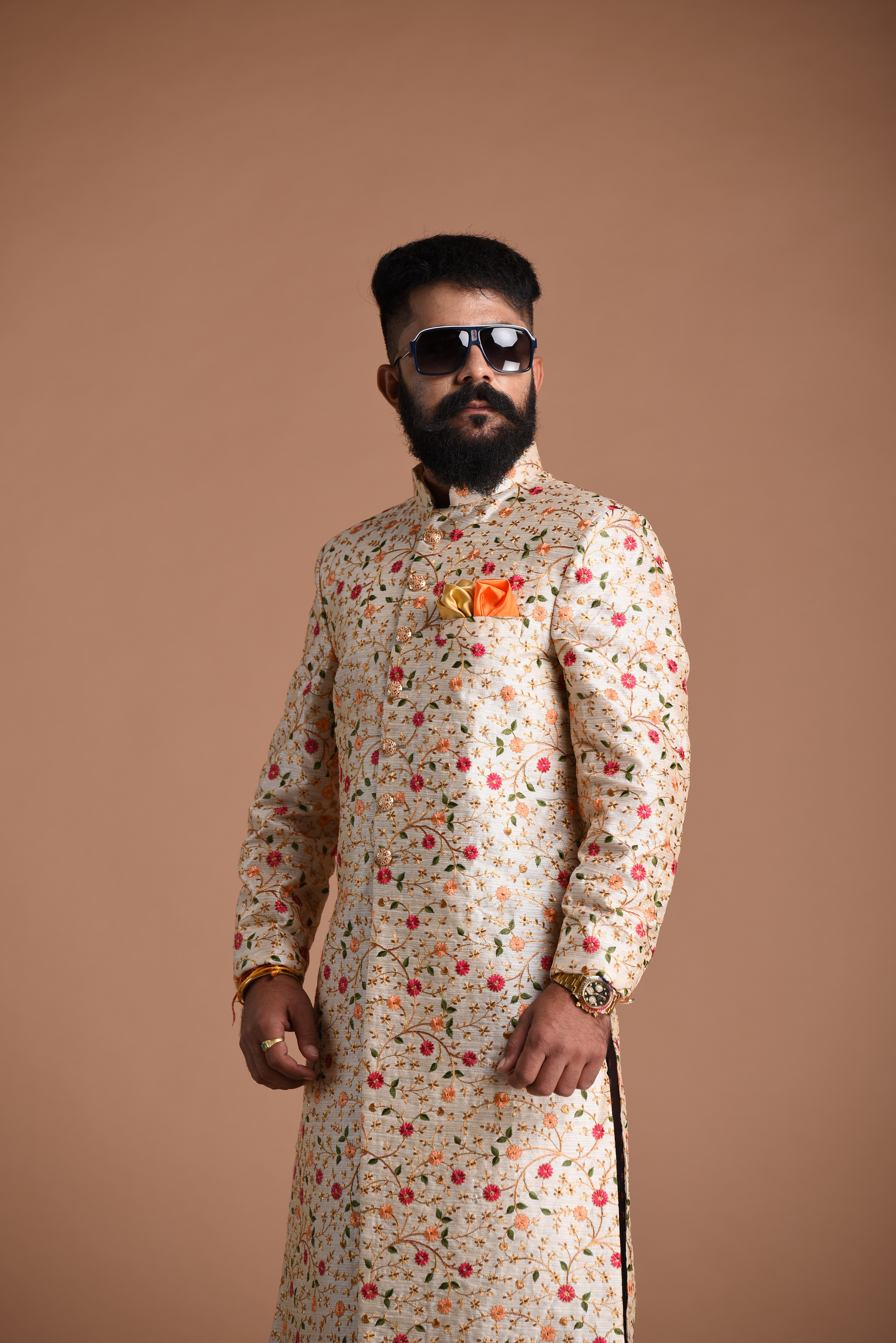 Alluring Multi-Color Floral Pattern Embroidered Cream Sherwani Achkan | Best For Wedding ,Grooms Formal Indian Events Festivals