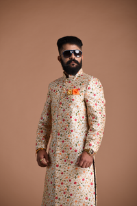 Alluring Multi-Color Floral Pattern Embroidered Cream Sherwani Achkan | Best For Wedding ,Grooms Formal Indian Events Festivals