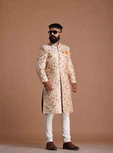 Alluring Multi-Color Floral Pattern Embroidered Cream Sherwani Achkan | Best For Wedding ,Grooms Formal Indian Events Festivals