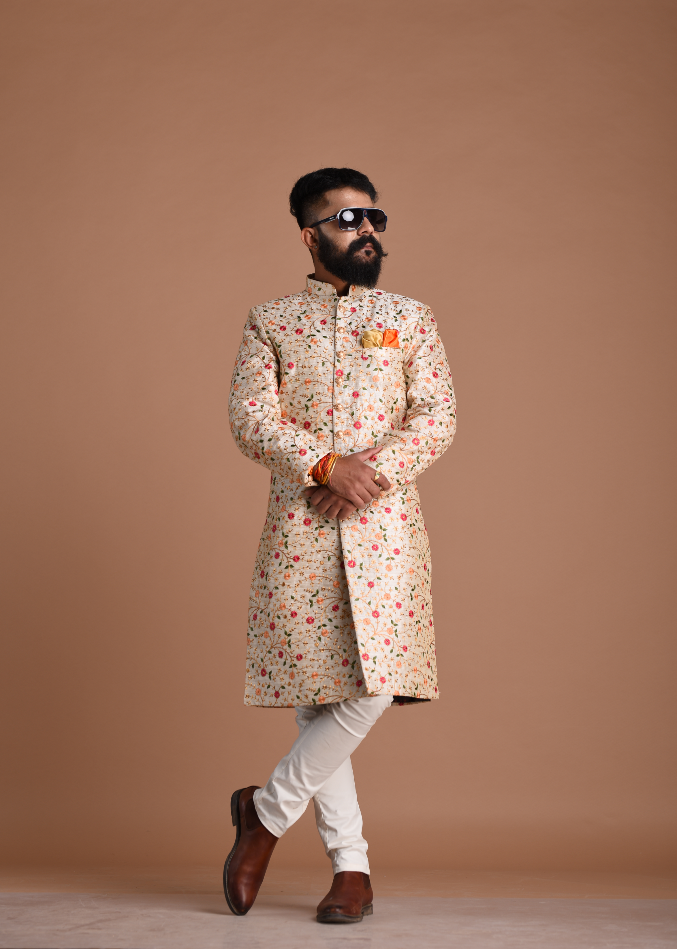 Alluring Multi-Color Floral Pattern Embroidered Cream Sherwani Achkan | Best For Wedding ,Grooms Formal Indian Events Festivals