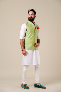 Hand-crafted Green Banarasi Silk Nehru Modi Jacket with Kurta-Pajama Set | Available in Father Son Combo | Perfect Dress for Weddings , Sangeet , Mehandi Functions