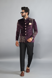 Aesthetic Mulberry Hand Embroidered Velvet Maharaja Jodhpuri Band gala Jacket with Black Trouser |Handmade Stonework Buttons| Perfect Contemporary style for Wedding