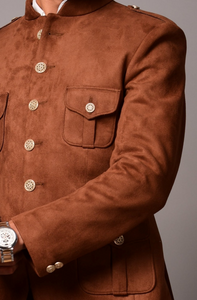 Exclusive Camel Brown Faux Suede Leather Hunting Style Bandhgala with Black Trouser| Youth Function Wear | Contemporary Vintage Style