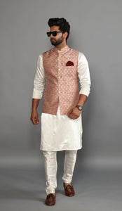 Traditional Silver Pink Banarasi Brocade Embroidered Nehru Jacket With Off White Silk Kurta Pajama-Handcrafted |Perfect for Festive wear| Free Personalization | Diwali, Sangeet Party