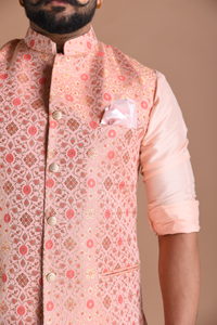 Alluring Jaipuri Floral Pattern Nehru Jacket With Kurta Pajama Set |Pink | Fee Personalization | Best for Sangeet Function
