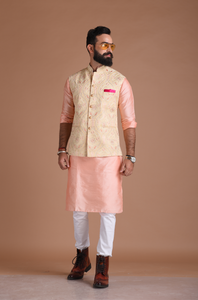 Alluring Quilted Floral Pattern Cream Nehru Jacket with Silk Kurta Pajama Set| Free Personalization |  Best for Sangeet Function | Wedding Ceremony