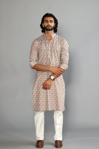 Alluring Thunder Grey Booti Printed Sanganeri Kurta with White Pajama | Diwali, Eid , Pooja | Traditional , Functional , Wedding , Indian Party Wear