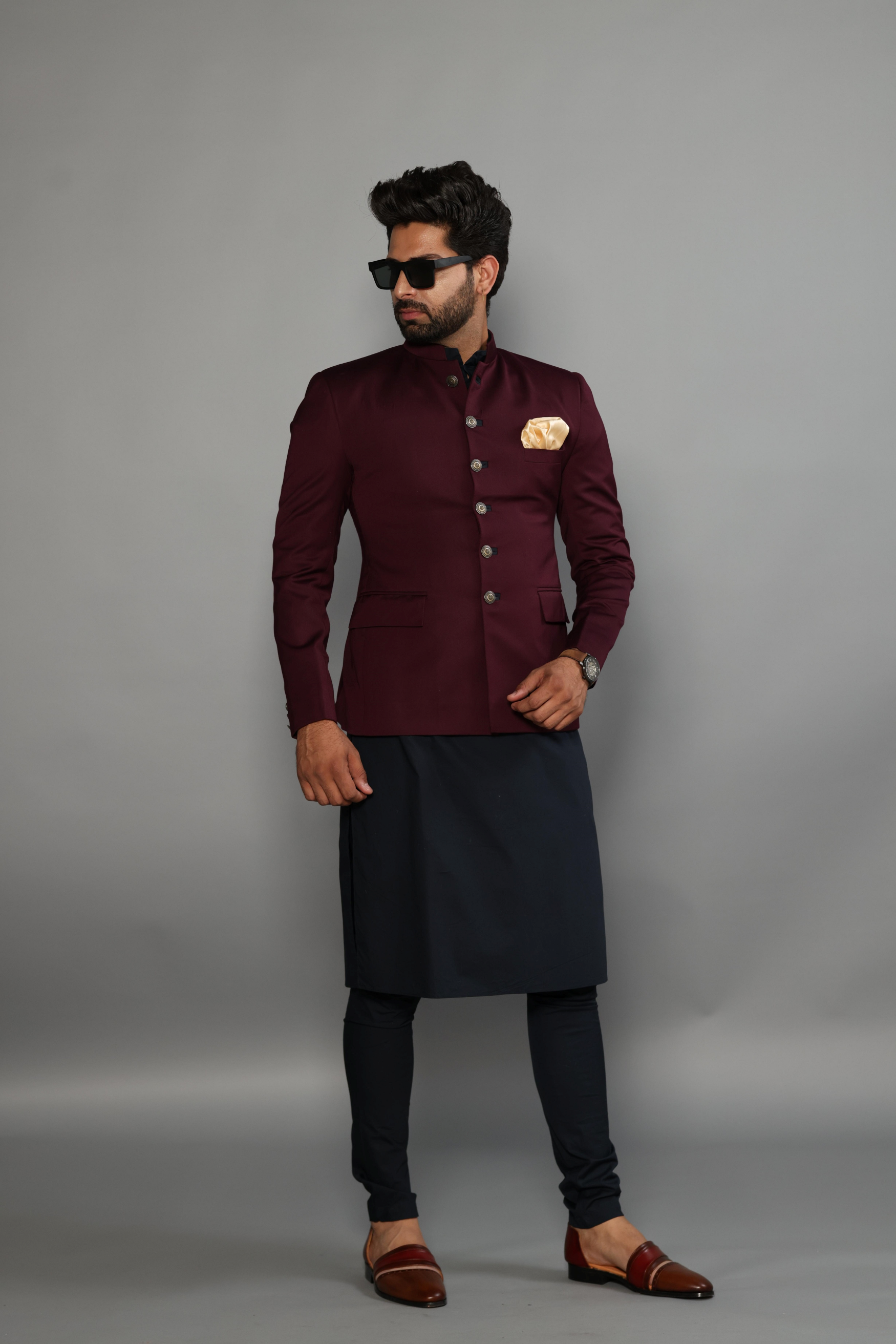 Stunning Wine Jodhpuri Bandhgala With Navy Blue Kurta Pyjama | Free Personalization Handmade | Perfect Wedding Wear | Indian Cocktail Party Dress